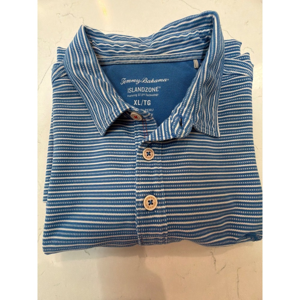 Tommy Bahama IslandZone Mens XL Blue White Striped Pima Cotton Polo T219116